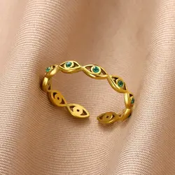 Anillos abiertos geométricos de acero inoxidable de circón verde para mujer, anillo de circón geométrico de Color dorado, joyería de moda impermeable para boda