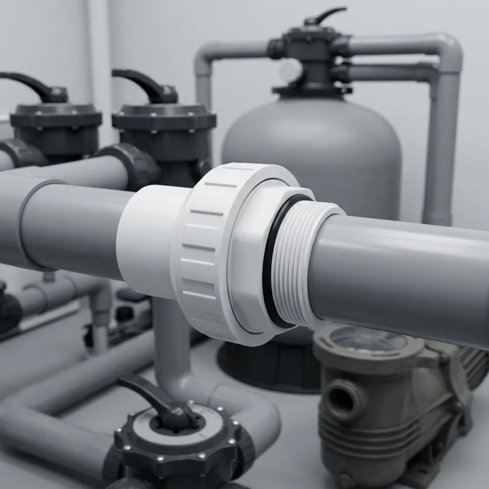 PVC Union Joint for Sand Filter Inlet and Outlet Applications Compatible with Both 1.5 inch and 2 inch Metric and Pipes