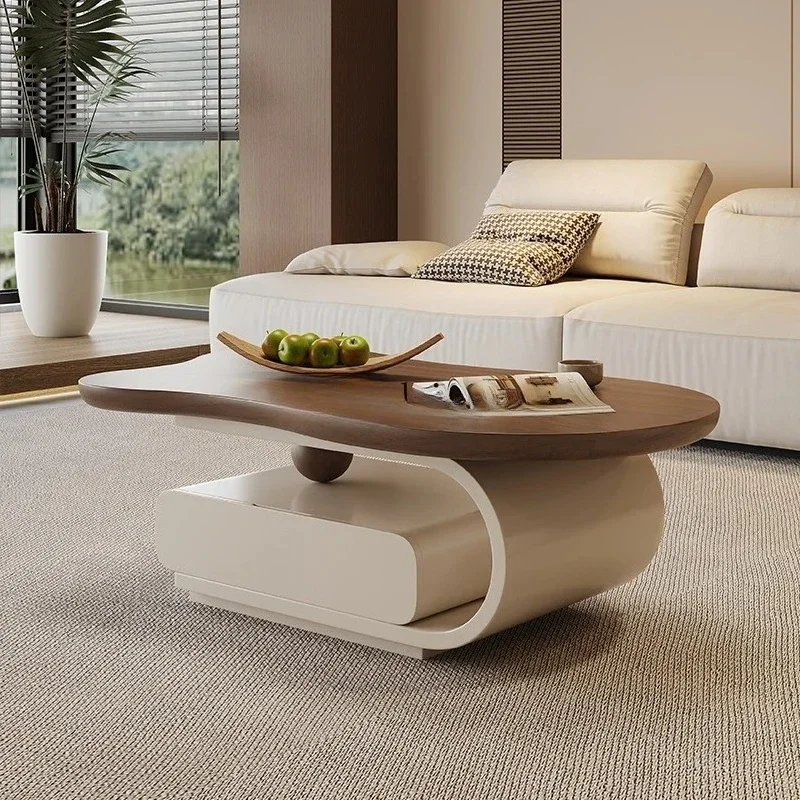 A  Cream Wind Solid Wood Coffee Table Living Room Wabi Sabi Oval Design Modern Simple Rock Slab