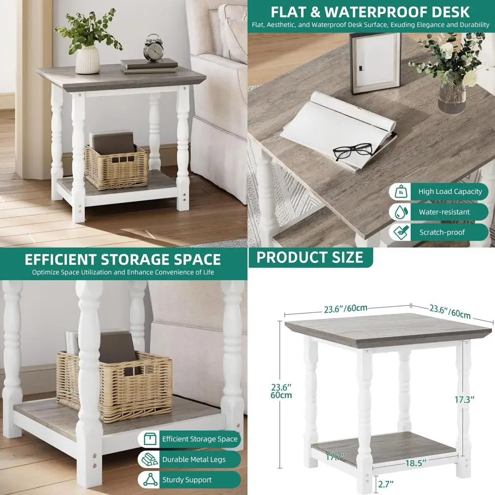 

Vintage Dual-Tier Accent Table with Floor Shelf, Sandstone Gray, for Living Room, Bedroom, and Couch Area