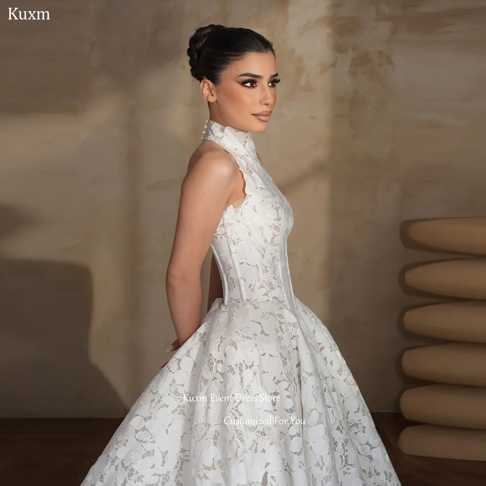 Kuxm White Halter Neck Women's Wedding Dress Sleeveless A Line Bridal Gown Elegant Lace Appliques Vestido De Novia Customized