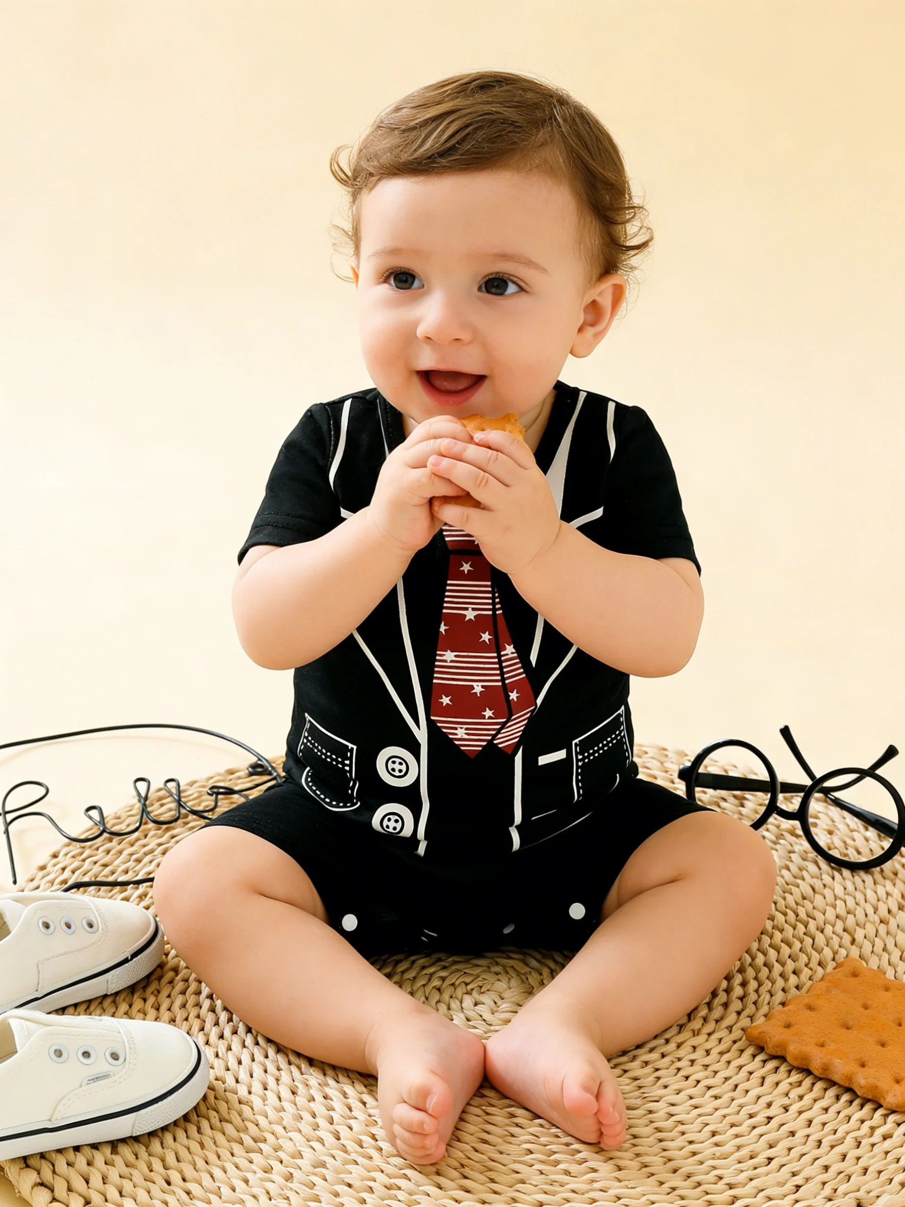 Summer Hit Baby Gentleman Style Suit Print Short Sleeve Bib Overalls Infant Fashionable Clothing Pants Included