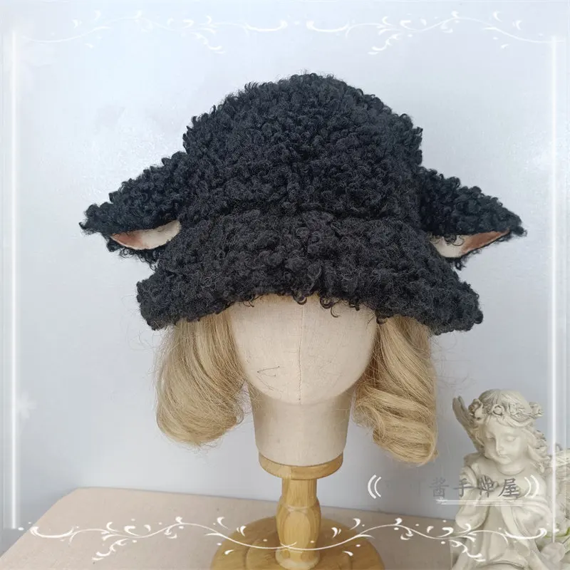 Lolita Cute Lamb Wool Lamb Ear Bucket Hat Handmade New Curly Wool Lamb Ear Hat