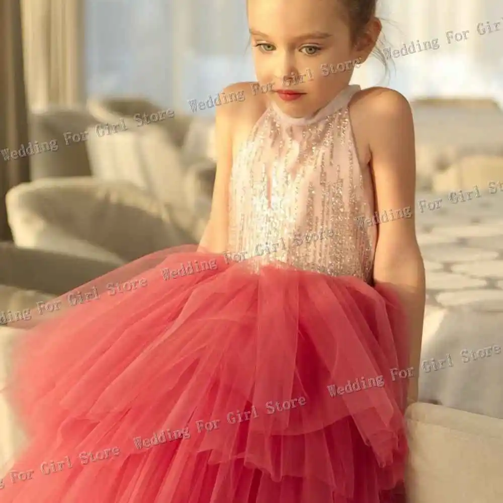 Bling Gold Sequin Flower Girl Dresses for Wedding Hollow Back First Communion Dresses Tiered Cute Long Party Girl Dresses