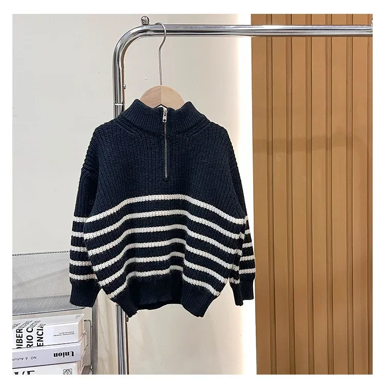 Sweater Autumn Season New Children Clothing Korean Simplicity Stand Up Collar Boys Zipper Pullover Knit Shirt Striped