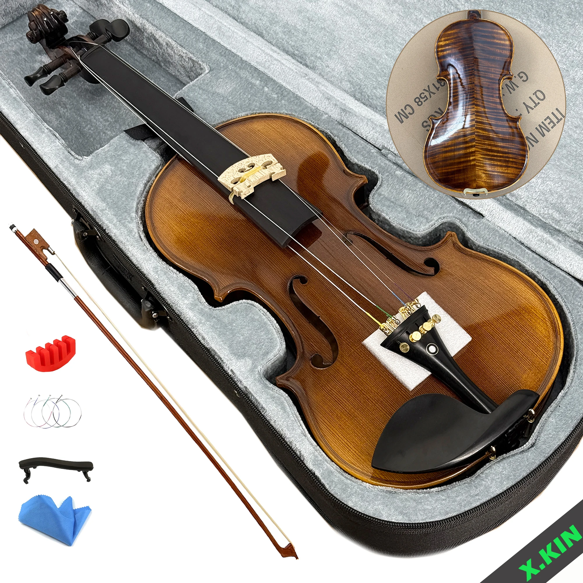 

Flamed Maple Violin 4/4 Handmade with Oil Varnish, Solid Spruce Top, Professional Full Size Violin for Adult Advanced Players