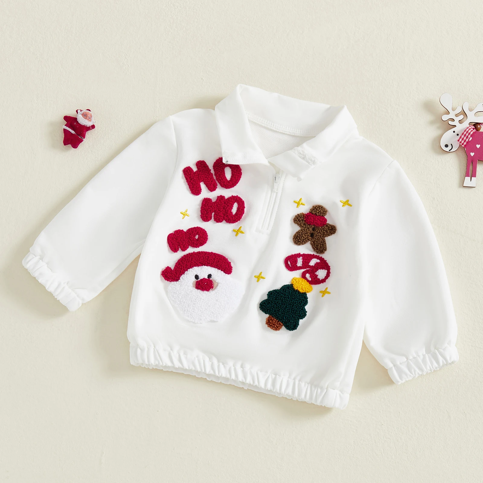 

2026 New Years Toddler Baby Christmas T-Shirt Fashion Baby Xmas Winter Embroidered Half Zip up Stand Collar Long Sleeve Tops