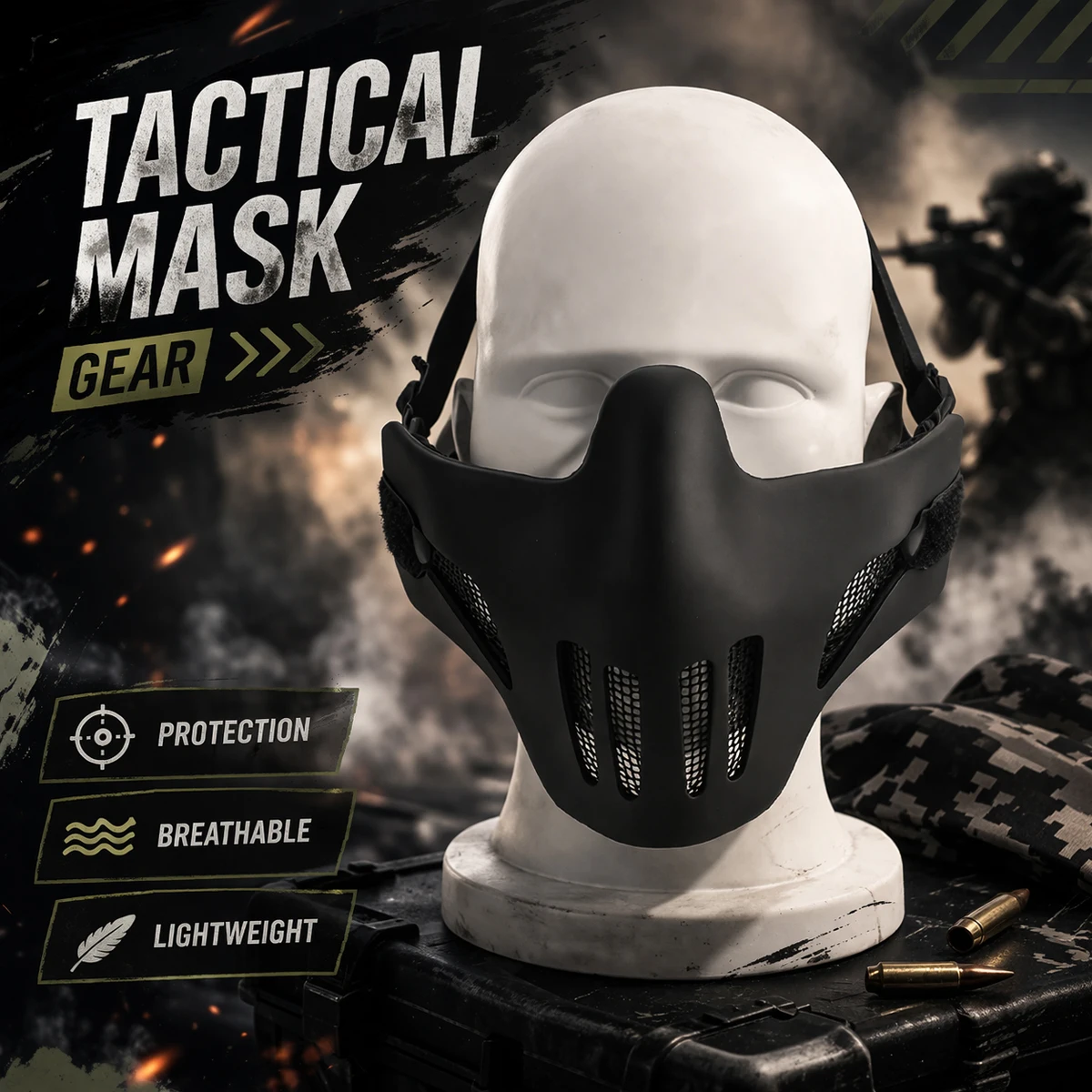 

Tactical Half Face Mask Steel Mesh Airsoft Mask Breathable Protective Gear for CS War Game Paintball Shooting Hunting Halloween