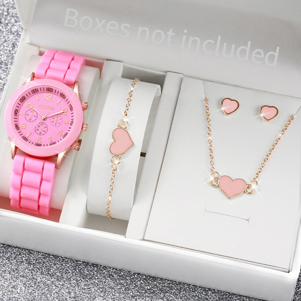 5PCS/Set Fashion Women Watches Casual Silicone Band Ladies Analog Quartz Watch Heart Jewelry Set（Without Box）