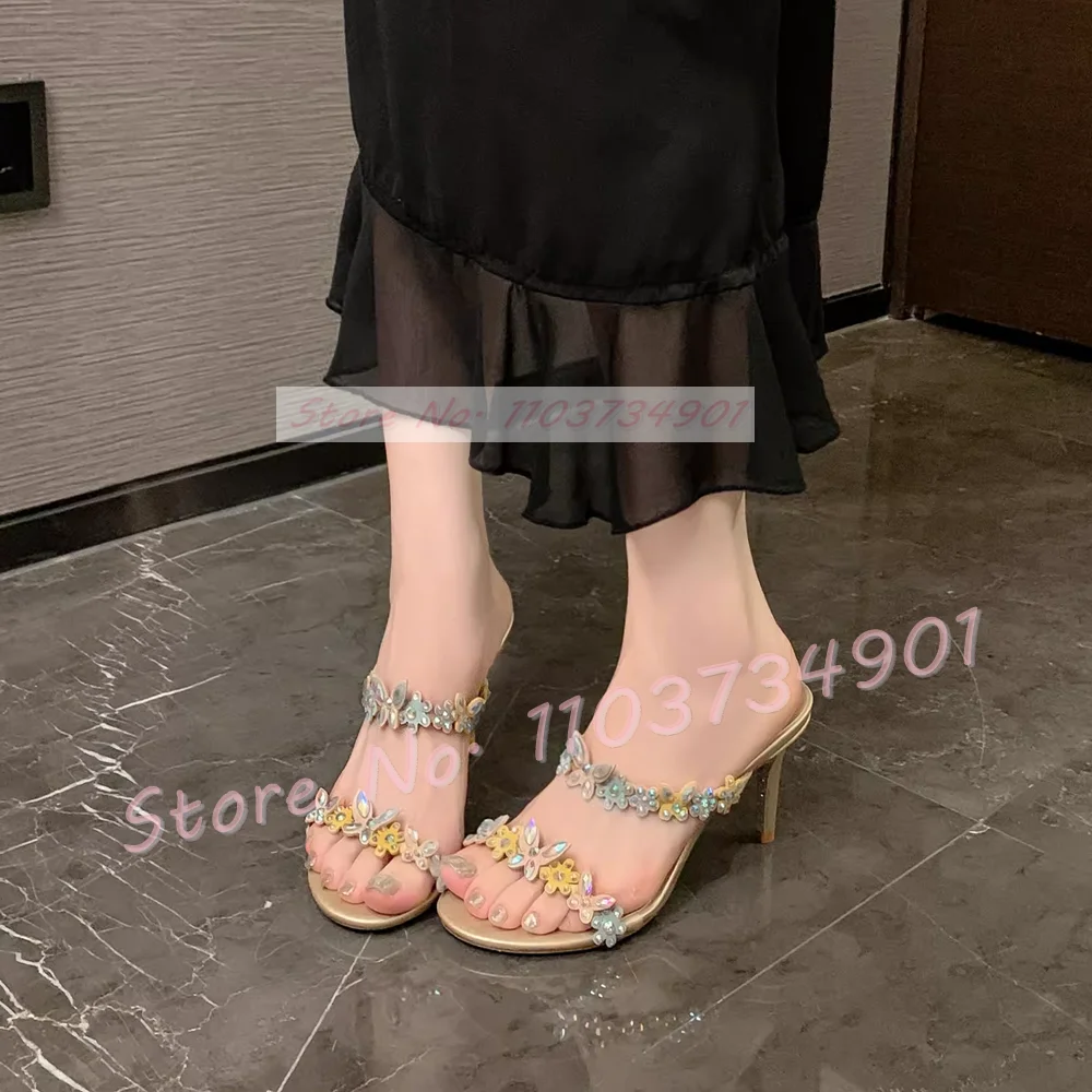 Colorful Crystal Flowers Silver Sole Mules Women Elegant Gold High Heels Nifty Slippers Female Party Floral-applique 2024 Shoes