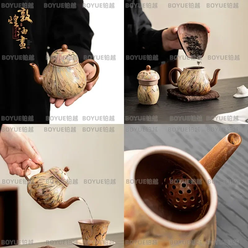 Dunhuang Style Ceramic Teapot Kung Fu Tea Set Retro Chinese Pottery Household Brewing Ware Holiday Gift Artistic Decor
