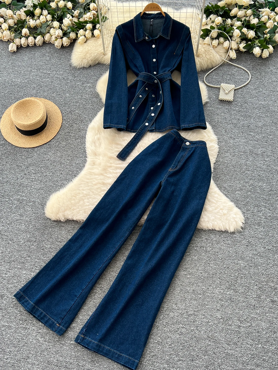 

Корейский повседневный свободный длинный джинсовый топ Све с высокой талией, широкие брюки, женский модный комплект, осенний сезон, дизайн для отдыха