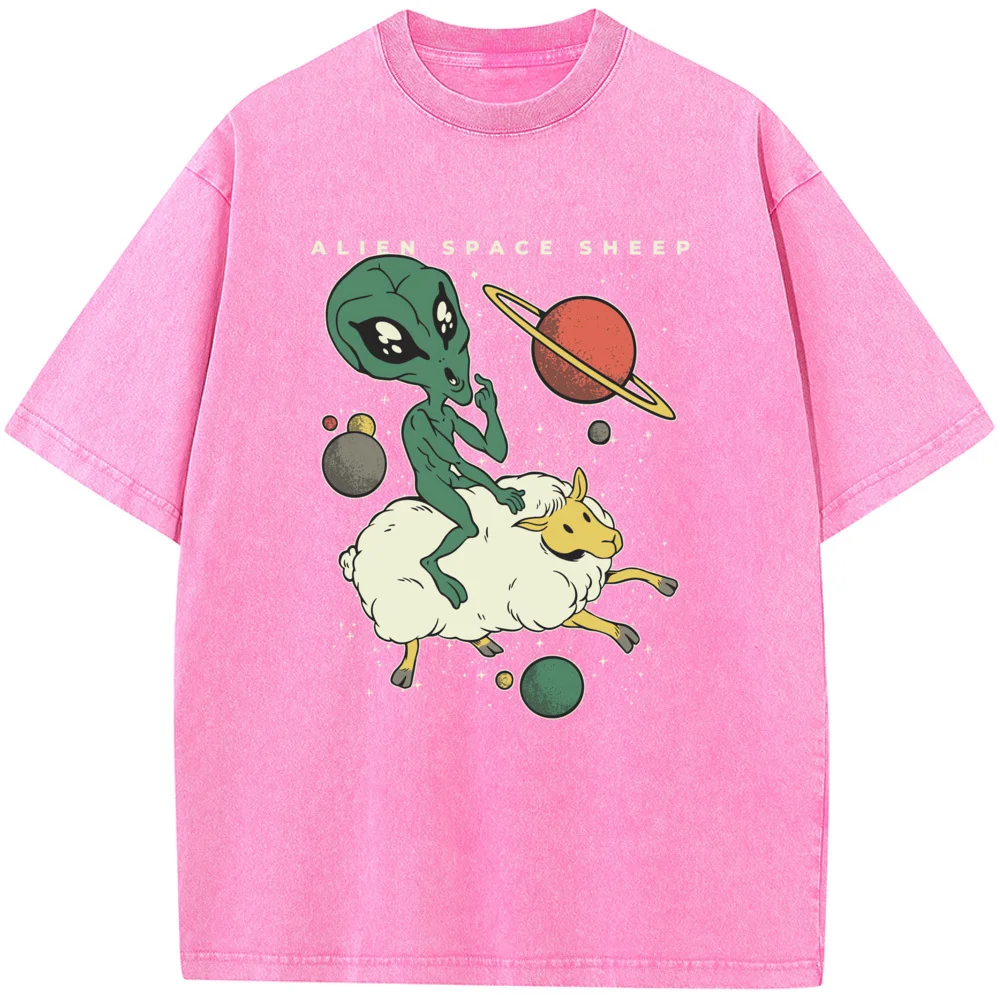 Alien Riding Sheep Space T-shirt Men Women Casual Fashion Oversized T-shirt 2023 Washed Old High Quality T-shirt