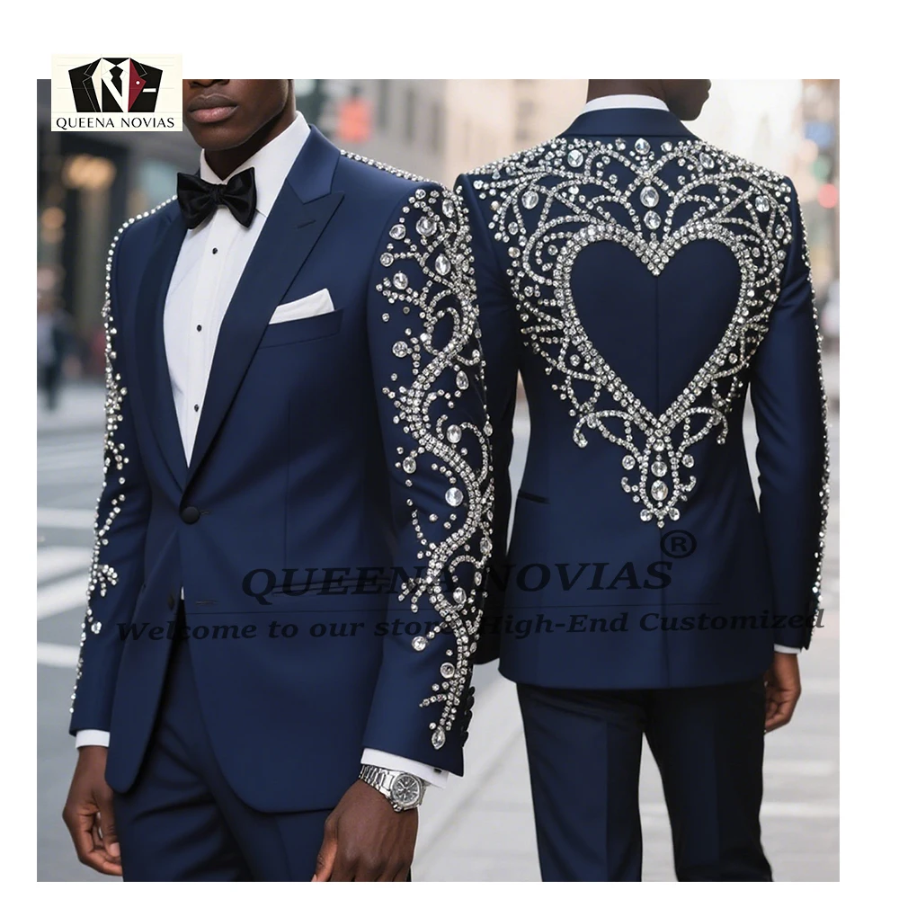 Brilliant Men's Suits Luxury Red Tuxedo 2-Piece Set Crystal Rhinestone Beaded Blazer Pants Single Breasted Wedding Party Tuxedos