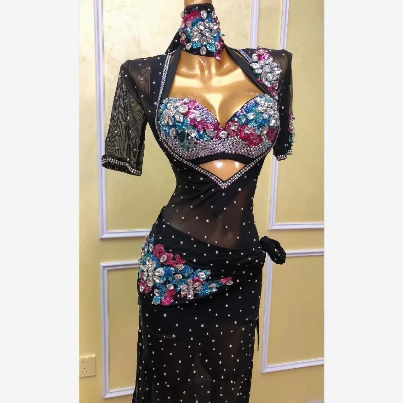 Personalizado novo traje de dança do ventre malha preta quente diamante desempenho vestido disfraces adultos dança exótica