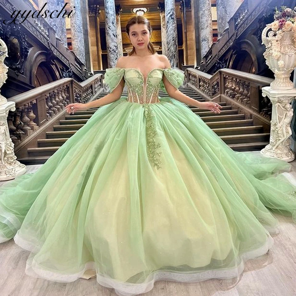 

2025 Tulle Beading Off The Shoulder Party Dress Appliques Elegant Purple Quinceanera Dresses Lace Up Court Train Prom Ball Gown