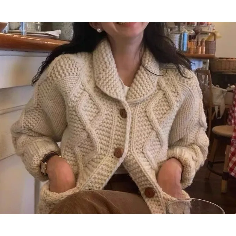 

Heavy Industry Coarse Needle Twist Sweater Lapel Pocket Autumn and Winter Jacket