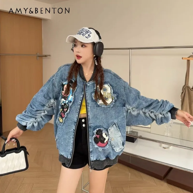 

Spring Autumn Cute Loose Fit Denimn Top Heavy Embroidery Cartoon Baseball Jacket Short Coat Women's Y2k Kawaii Zipper Outerwear