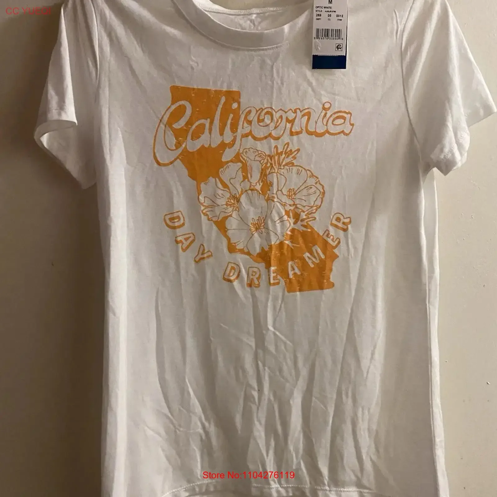 Medium Brand Damen T-Shirt M Weiß California Day Dreaming Orange Vintage-Waschung Leicht Streetwear Atmungsaktiv