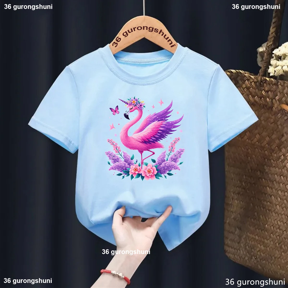 Kawaii Girl T-Shirt Funny Flamingo Print Kids Tshirt Fashion Trend Girl Clothing Summer Short Sleeved Baby Tshirt Tops Wholesale