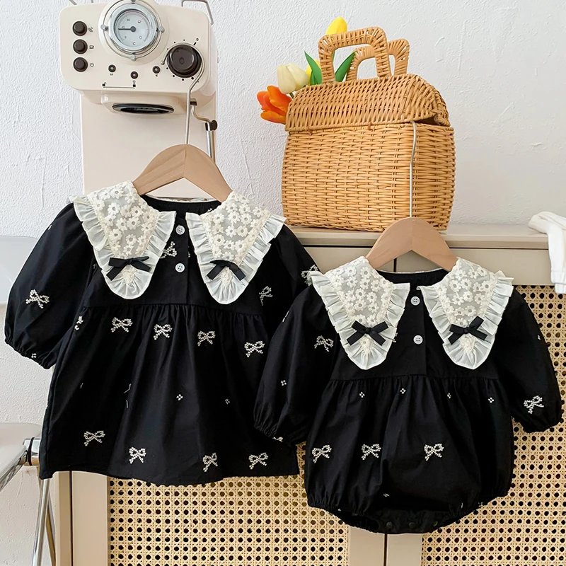 2024 Sister Clothes Baby Girl Dress Bodysuit Bow Autumn Sister Dress Doll Collar Lace Embroidered One Piece Clothes Or Dress