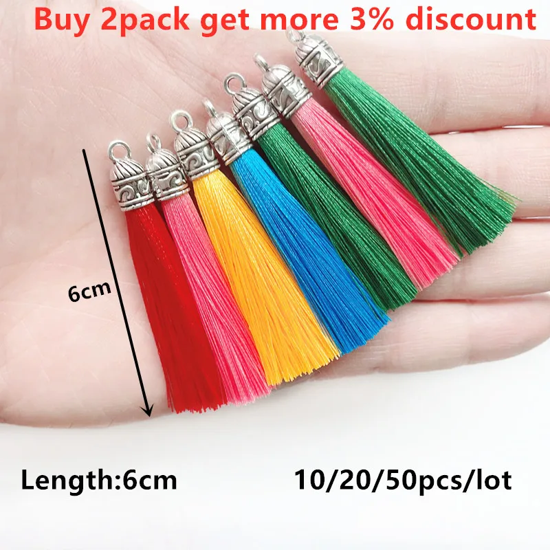 10/20/50pcs 6cm Silk Earrings Tassel Pendant Tassel Crafts Silver Caps Tassels Charms For DIY Jewelry Making Pendnt Accessories