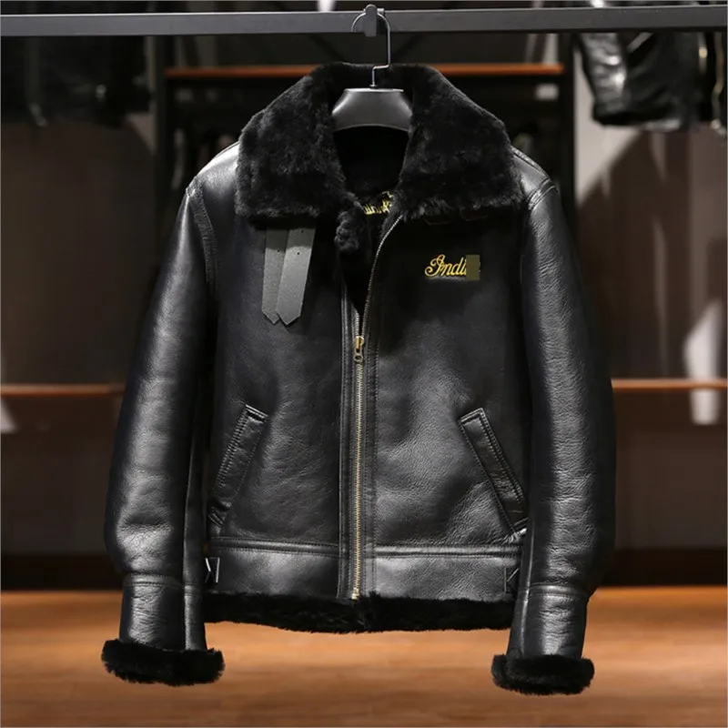 Men's large lapel with top layer cotton leather and fur in embroidered