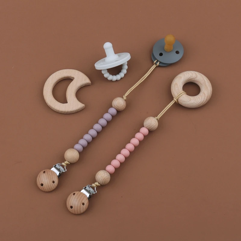 Baby Pacifier Clips BPA Free SIlicone Beads Beech Wood Beads Dummy Nipple Holder Clip Newborn Infants Pacifier Chain  Accessory