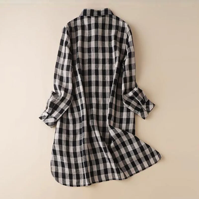 Black Plaid Vintage Polo-Neck Cotton Linen Long Sleeve Women\'s Blouse Shirt Korean Fashion Female Clothing Tops 2024 Spring