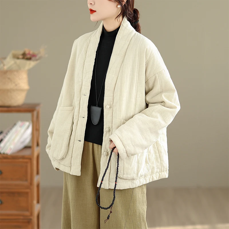 Thiened coton lin femmes Jaet hiver nouveau Sle chinois National Sle v-ne Long Sve coupe régulière trajet Sle