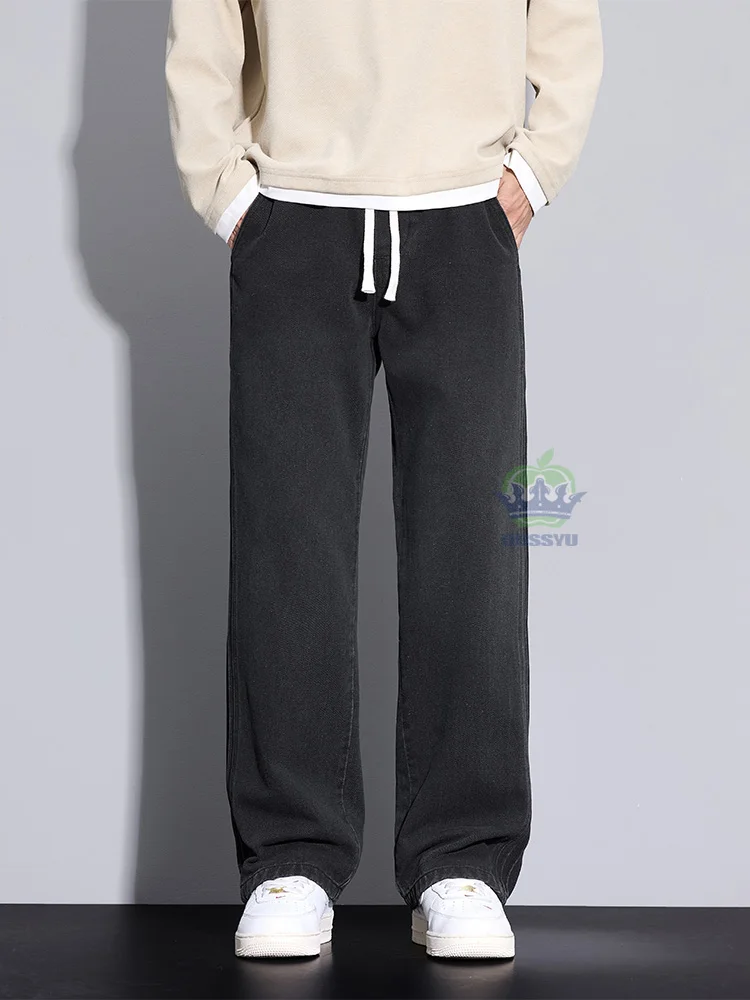 OUSSYU Brand Clothing Fashion Side Wrinkles Jeans Men Baggy Denim Pants Jogger Work Wide Leg Blue Trousers Male Large Size 5XL