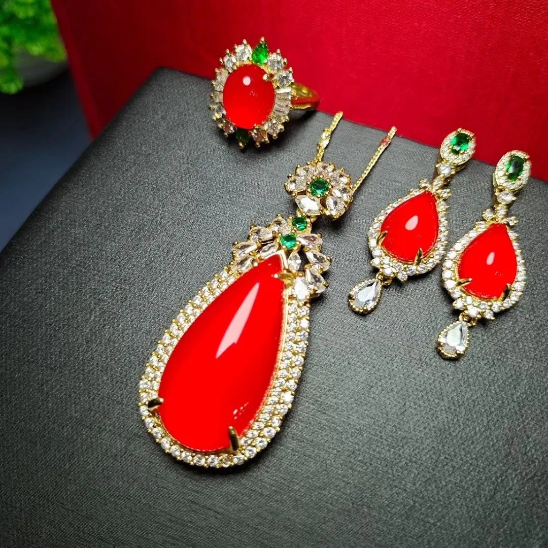 Natural Red Jade Water Drop Pendant Women Necklace With Zircon Emerald Carnelian Dangle Earrings and Rings Jades Jewellery Sets