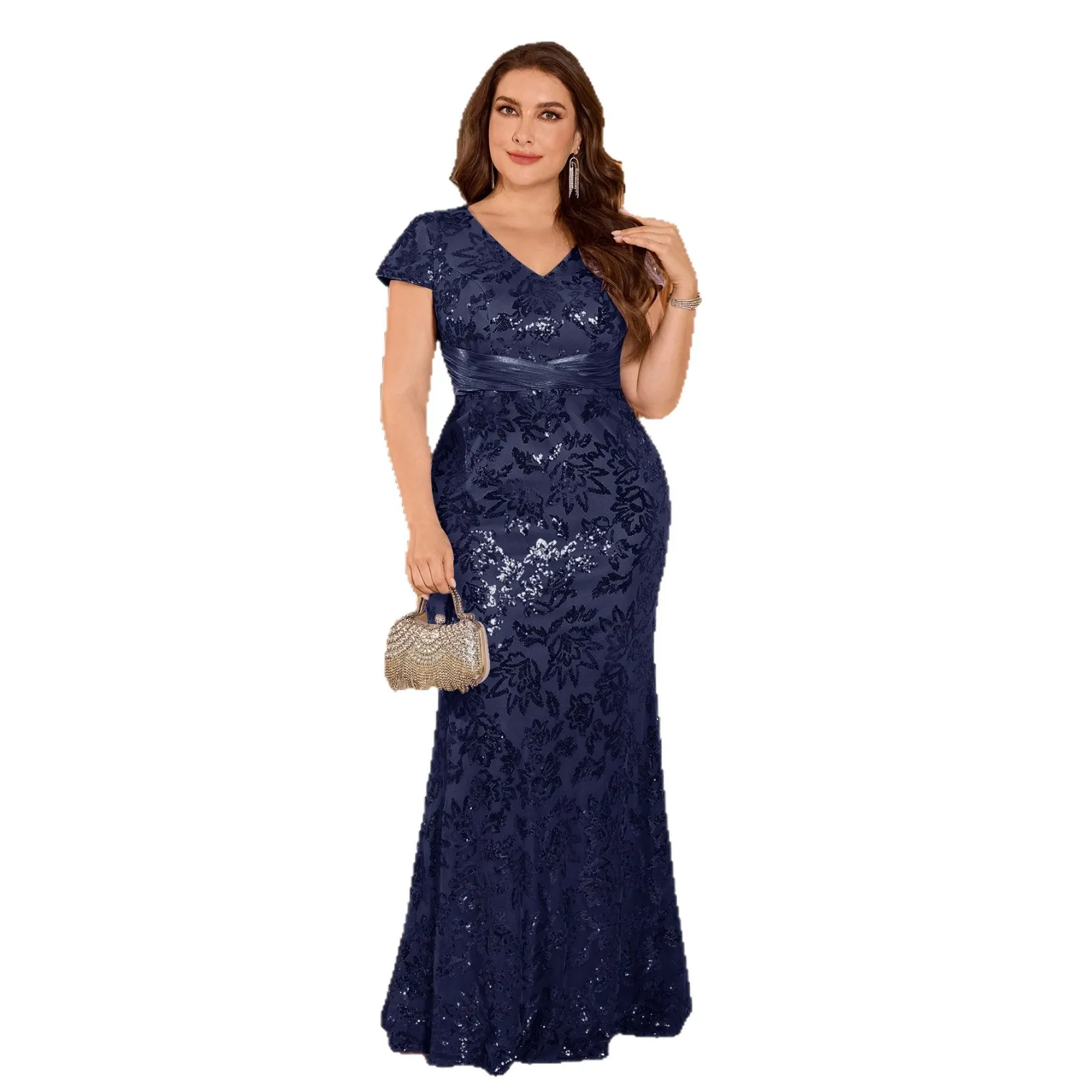 Abito lungo a sirena taglie forti blu navy con paillettes floreali, scollo a V, maniche a cappuccio, vita arricciata in chiffon, per la madre della sposa, abito da sera