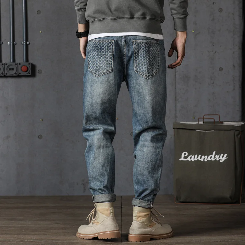 Hochwertige lange Baggy-Jeans für Herren, große Größe, zerrissene Lochwäsche, Baumwoll-Denim, lässige Vintage-Hose, neue 2024-Kleidung – Blau