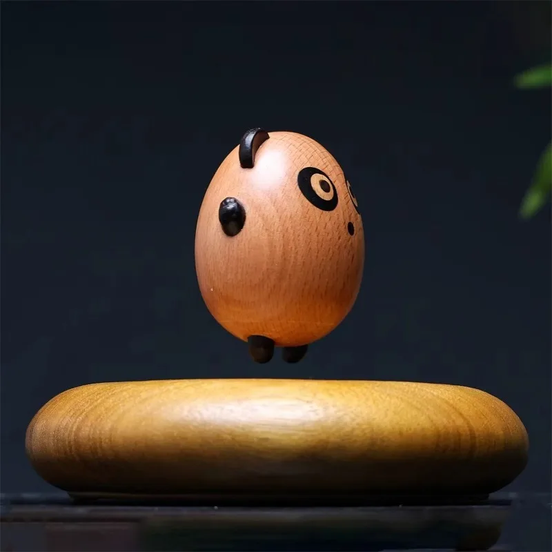 Anti-gravity maglev wood carving lucky cat ornament, infinite cycle floating rotating home office decoration