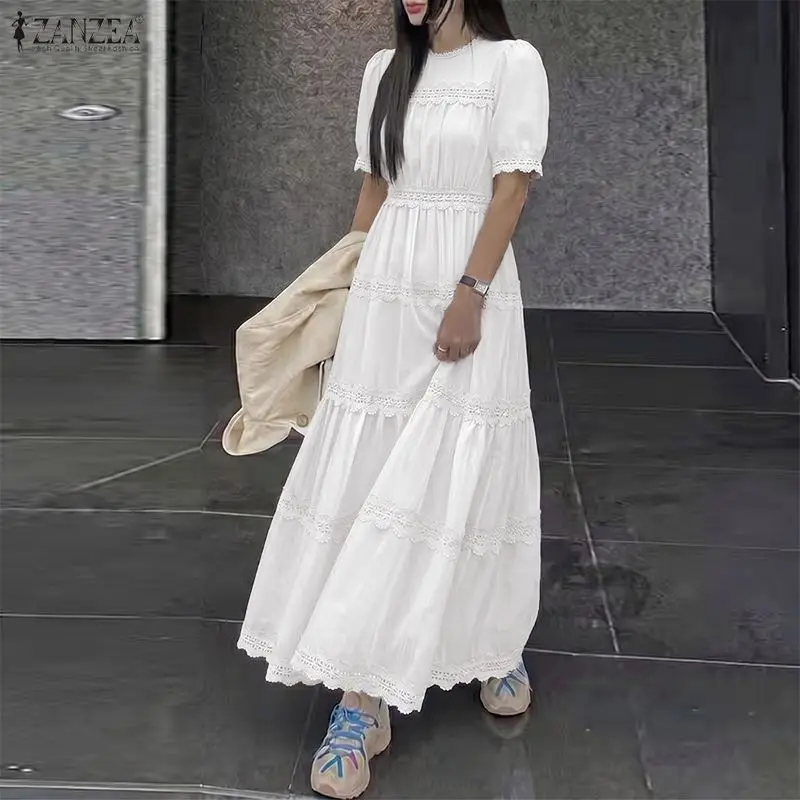 Damen Boho-Kleider ZANZEA Sexy Spitzen-Maxikleid 2026 Sommer Kurzarm Strandkleid Party-Robe Femme Übergröße