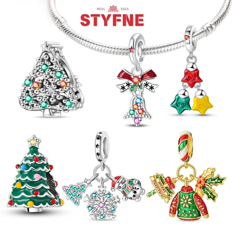 

925 Silver Santa Claus Christmas Tree Charms Shiny Zircon Bead Fit Original Bracelets DIY Fine Jewelry Festival Gifts for Women