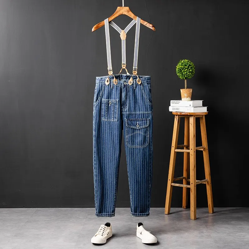 

New Summer Men's Jeans Nine-Piece Pants Travel oulder Strap Pants Slim Fit Youth Trendy Wear Resistant mid Waist Button Decor