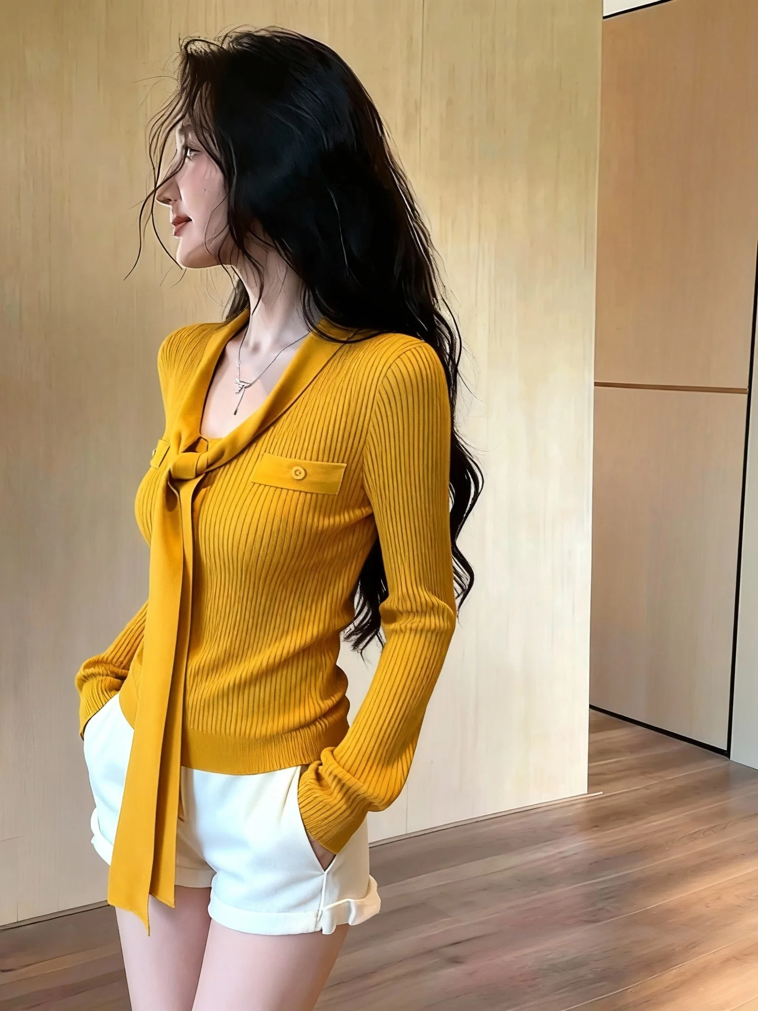 

Elegant V-neck Knitwear with Sash Long Sleeve Fake Pocket Inner Wear Bottoming Top Women's Luxury Style Nicole Rose Brand
