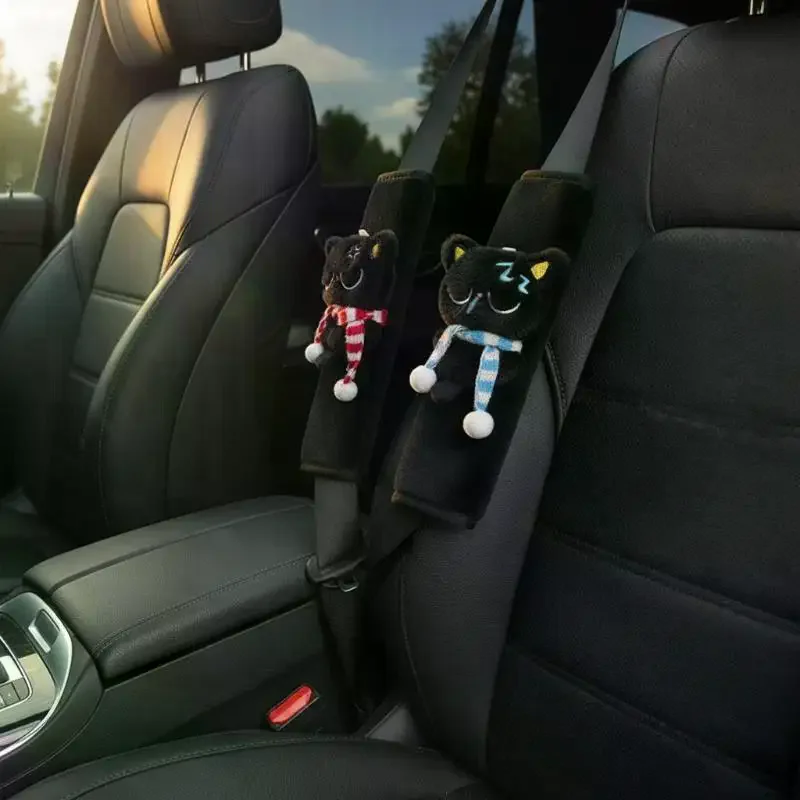 Plush Black Cat Car Seat Belt Shoulder Pads Soft Fluffy Cute Cartoon Design For Daily Driving Car Interior Decor