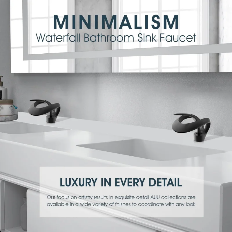 Elegant Bathroom Sink Faucet Single Hole,Waterfall Matte Black Vanity Solid Brass,Handle Basin Tap with P