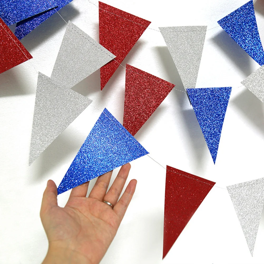 

Triangle Flags Red White Blue Glitter Paper Party Banner For America Independence Day Decoration Outdoor Indoor Use Party