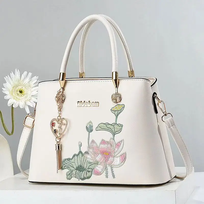 Embroidery lotus Women Crossbody Bag 2024 Thread Luxury Handbag Pu Leather Women Shoulder Bags Brand Sequined Tassel Bag