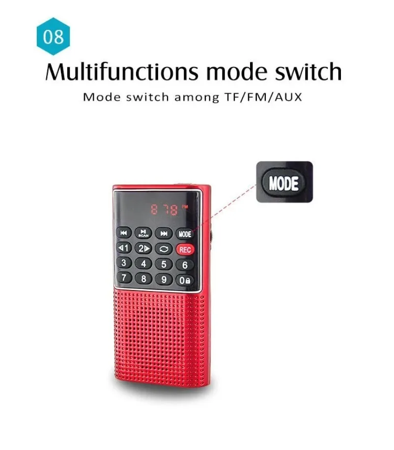 VIKEFON Tragbares Mini-FM-Radio, kabelloser Lautsprecher, MP3-Musik-Player mit Aufnahmefunktion, unterstützt Freisprechfunktion, TF-Karte, USB-Kopfhörerwiedergabe – Detail 20