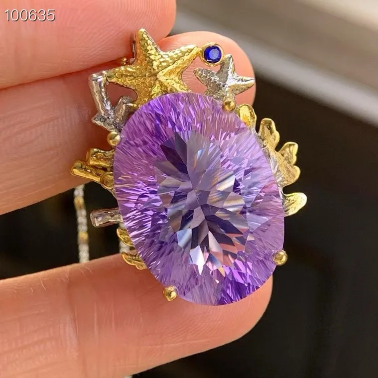 

Natural Lavender Quartz Pendant 18x25mm Oval Cut S925 Silver Two-Tone Handmade Starfish Design