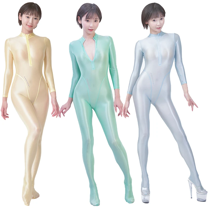 AMORESY Mnemosyne Gloss Spandex Front Zip Bodysuit Sheer Skinny Cycling Swim Jumpsuit