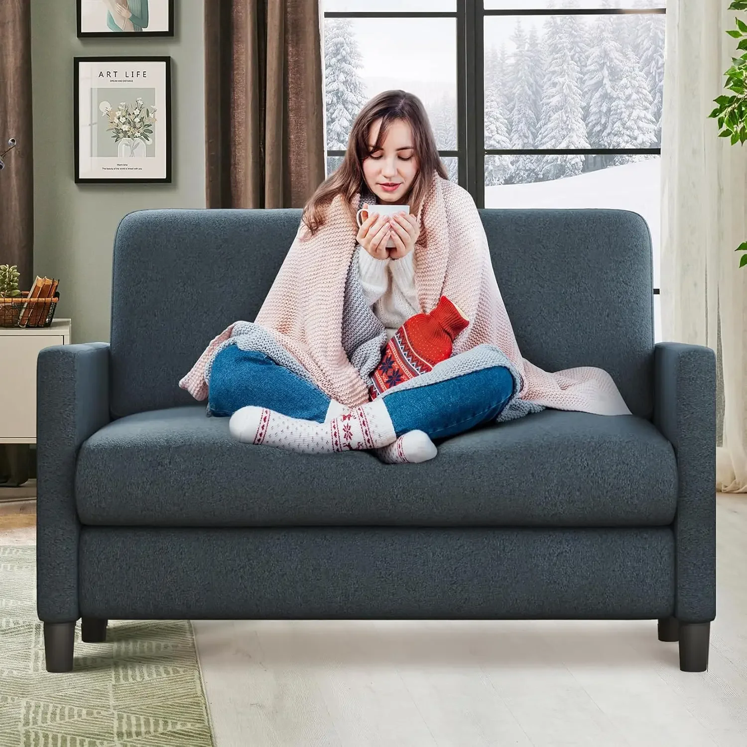 

Loveseat Sofa, 51" Small Sofa Couch for Bedroom, Tool-free Setup Sofas for Living Room, Small Couch No Pillow Include, Blue Grey