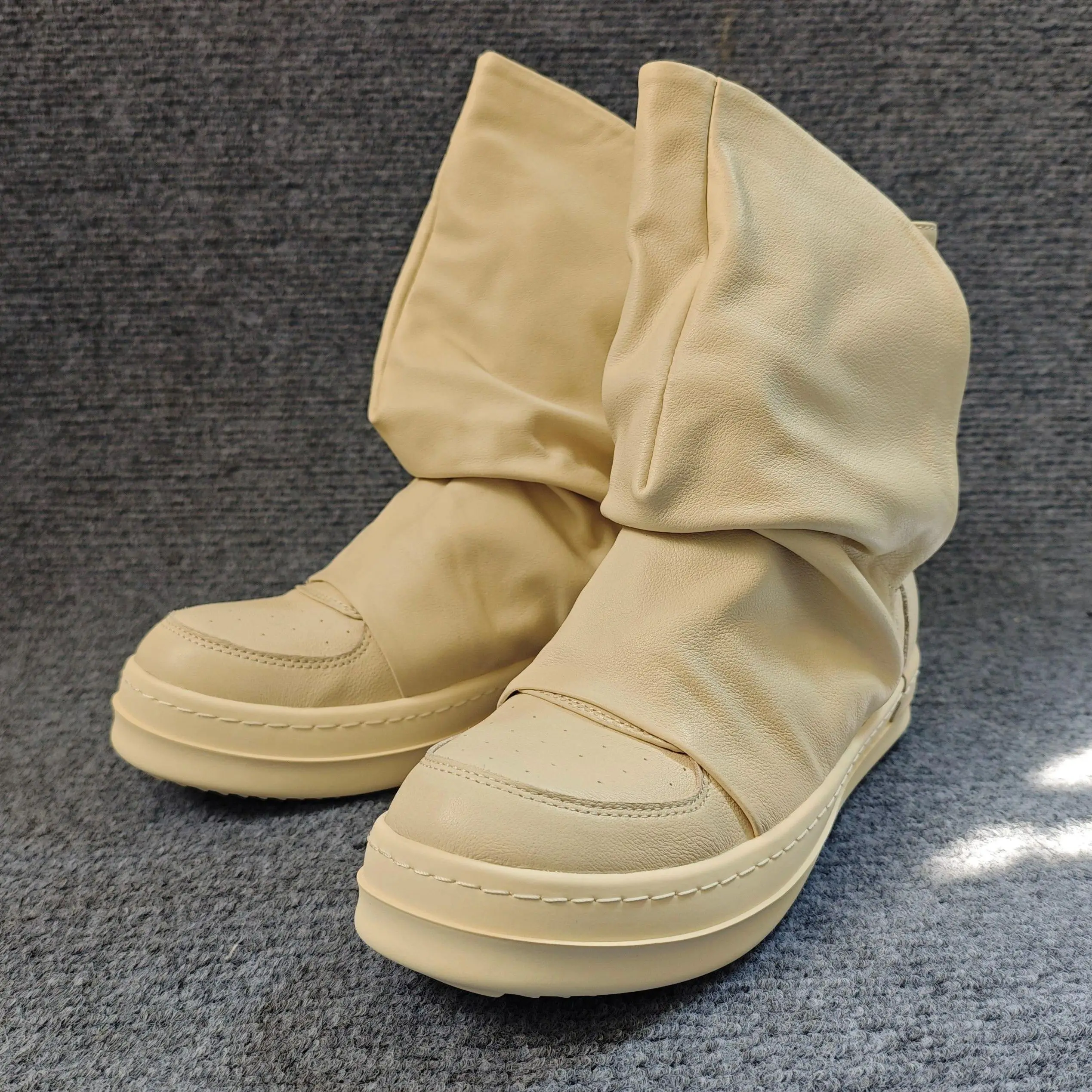 Trendy 2026 Couple Slouchy Boots Genuine Cow Leather Platform Height Increase Black Casual High‑top Back Zipper Daily Wear Shoes