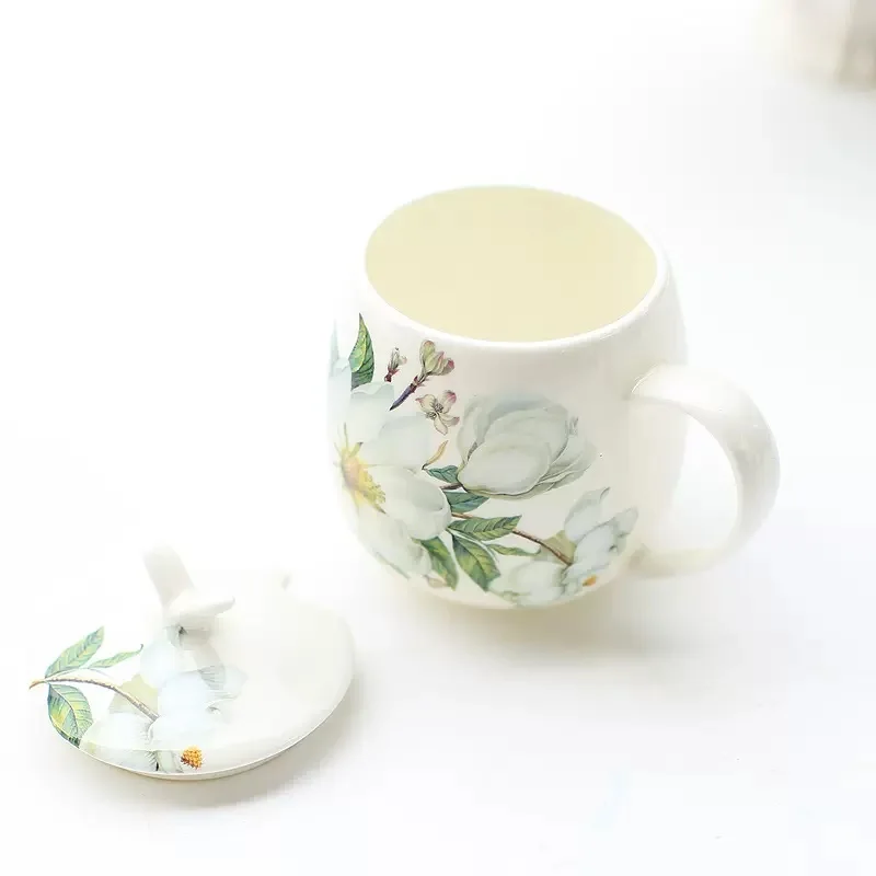 410ML, camellia painting, bone china personalized mugs, european cups mugs ceramic, pocelain coffee cup with lip and spoon, tea