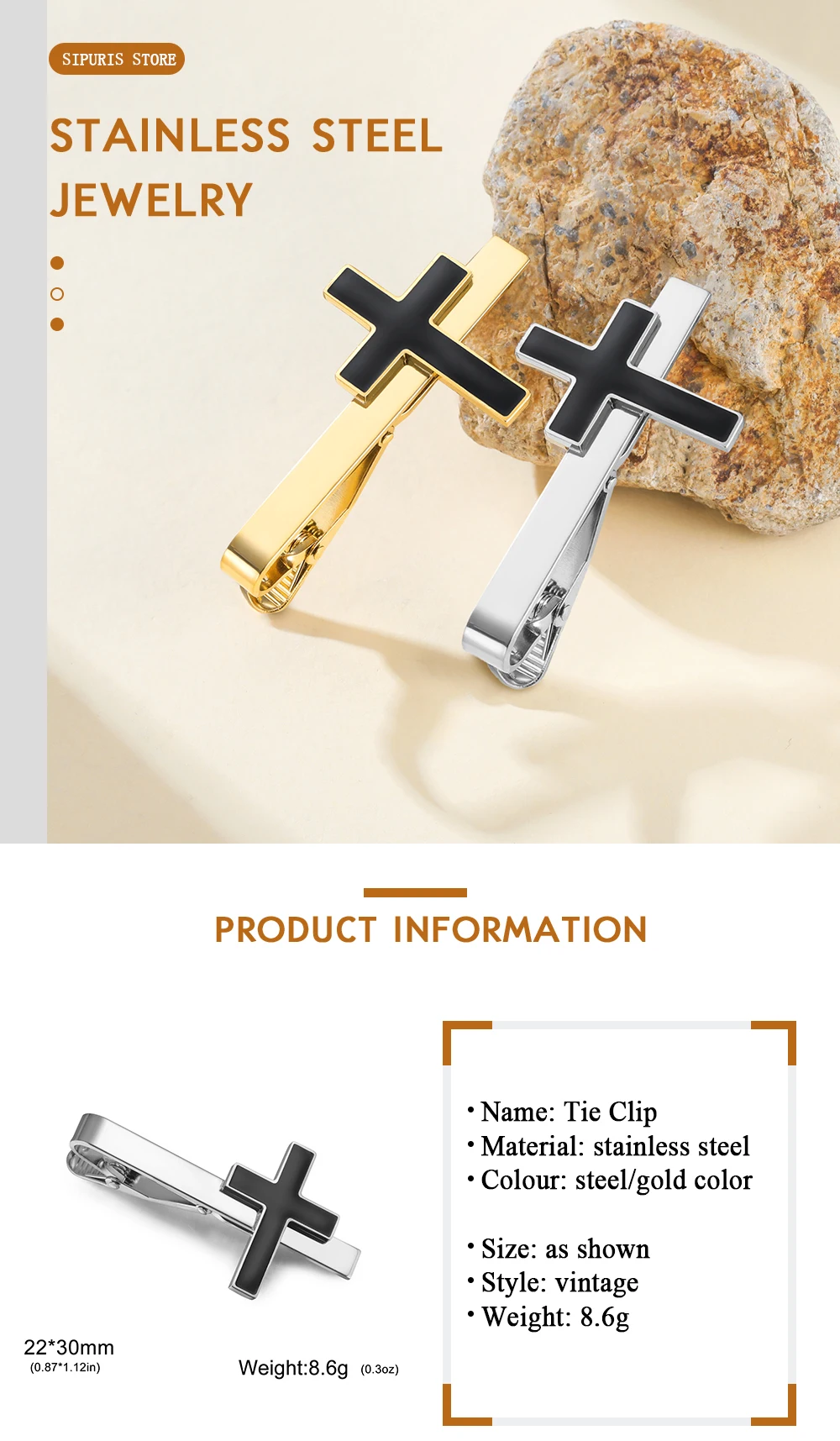 Sipuris Schwarze Kreuz-Krawattenklammer für Männer, Edelstahl-Krawattenverschluss, Retro-Trendy-Charme-Krawattenklammer, Modeschmuck, Geburtstagsgeschenke – Detail 5